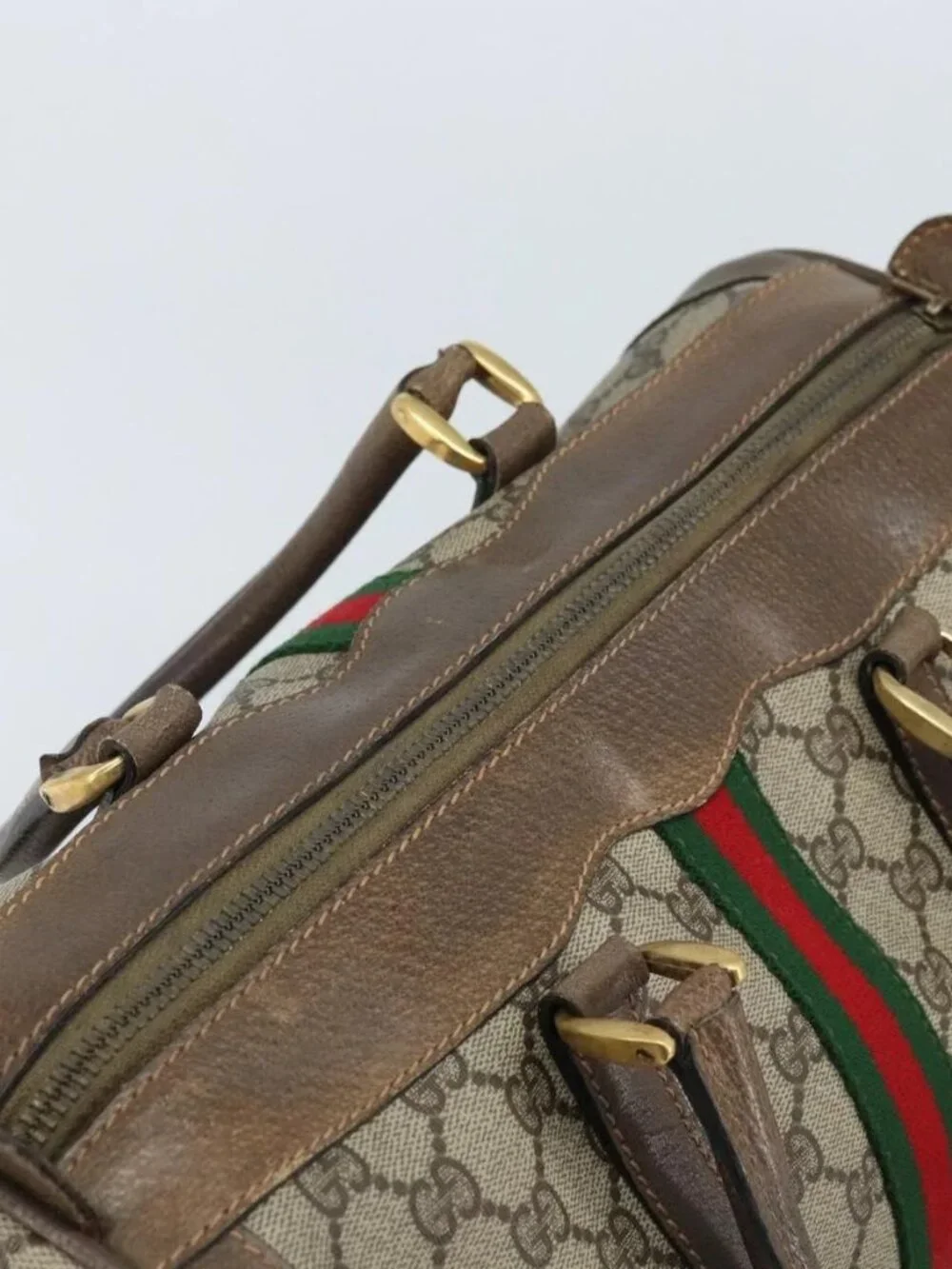 GUCCI GG Supreme Web Sherry Line Boston Bag PVC Beige 02 98 8 0468 Auth BAZ555